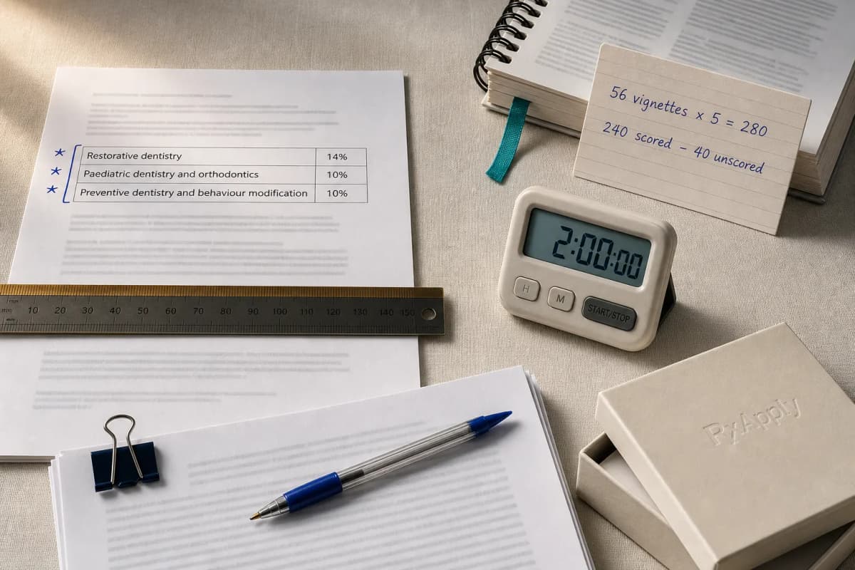A desk with the ADC blueprint's discipline weightings starred, a timer set to the two-hour section length, and a card working out 56 vignettes at five questions each — 280 questions, of which 240 are scored