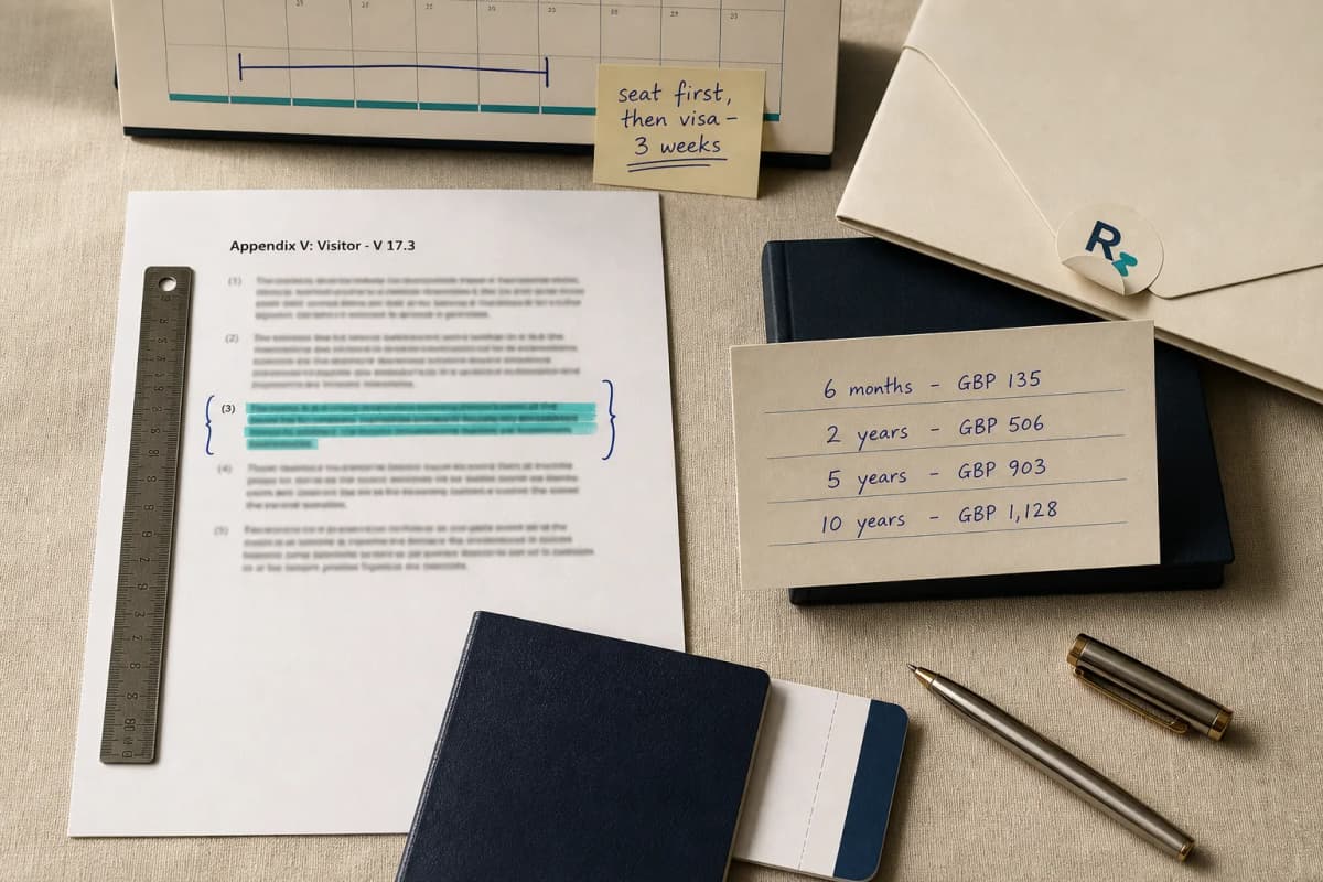 Overhead desk still-life: a printed page of the Immigration Rules with one line highlighted, a handwritten card of four visa fees, and a document wallet with a half-lifted seal