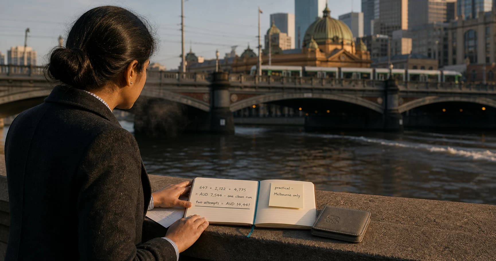 A dentist on the Yarra riverbank in Melbourne adding the three ADC fees to AUD 7,544 for one clean run and AUD 14,441 for two attempts, beside a note that the practical examination is held in Melbourne only