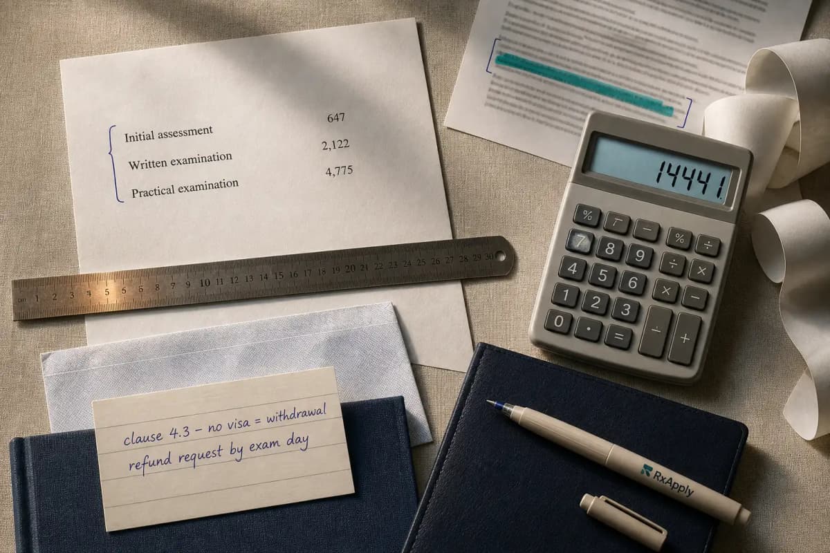 The three ADC application fees listed beside a calculator showing AUD 14,441 for two attempts, and a card noting that under clause 4.3 a refused visa counts as a withdrawal and a refund must be requested by exam day