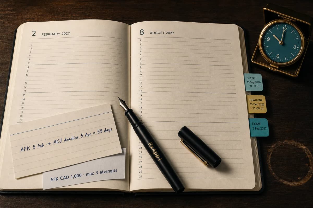 A planner open at February and August 2027 with tabs marking the AFK registration opening, deadline and exam day, beside a card working out the 59 days to the ACJ deadline