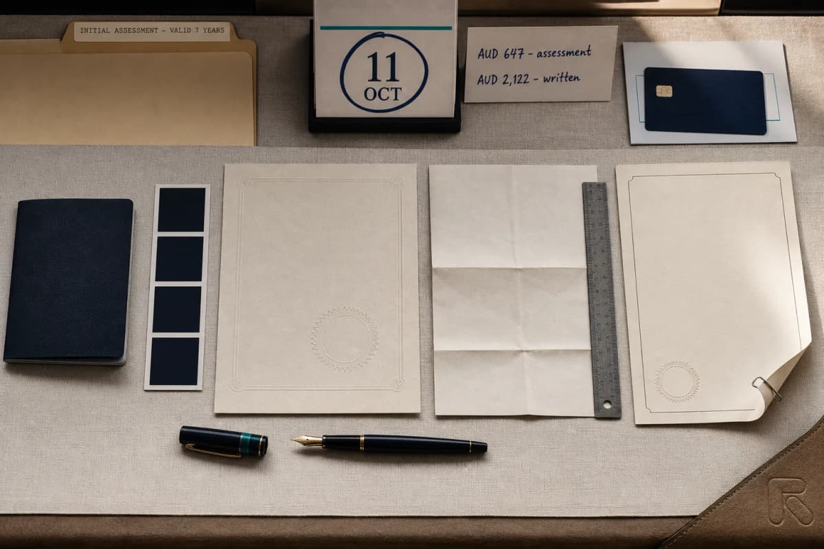 The six documents required for an ADC initial assessment laid out on a desk