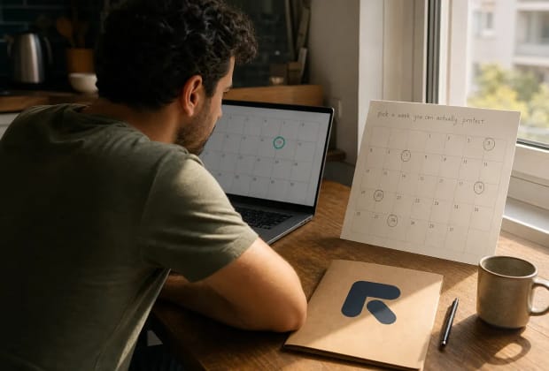 A one-to-one video consultation in progress, with a calendar open on the desk