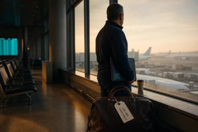A desk mid-application: a passport, a printed checklist and a laptop open on a booking screen