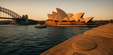 Sydney Opera House at golden hour with the Harbour Bridge behind it