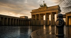 The Brandenburg Gate at dusk, its columns lit warm above rain-wet paving
