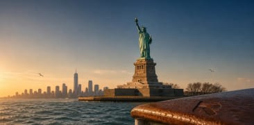 The Statue of Liberty at golden hour, the lower-Manhattan skyline behind it across the harbour